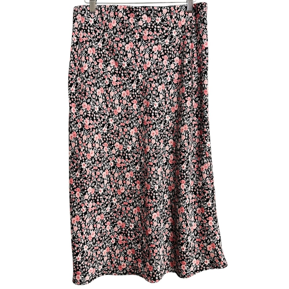 Francesca's Mi Ami Floral Midi Skirt Womens Large Black Pink Ditsy Feminine Boho - Picture 9 of 9